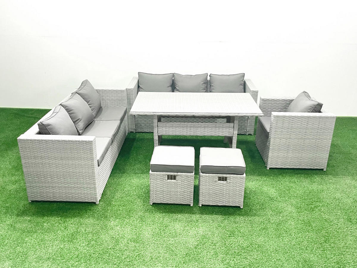 GARTENMÖBEL SET mit 3-Sitzer-Sofa und Sessel, Esstisch,2 Hockern Polyrattan Hellgrau 9-Sitzer - Hellgrau/Grau, Glas/Kunststoff - Fimous