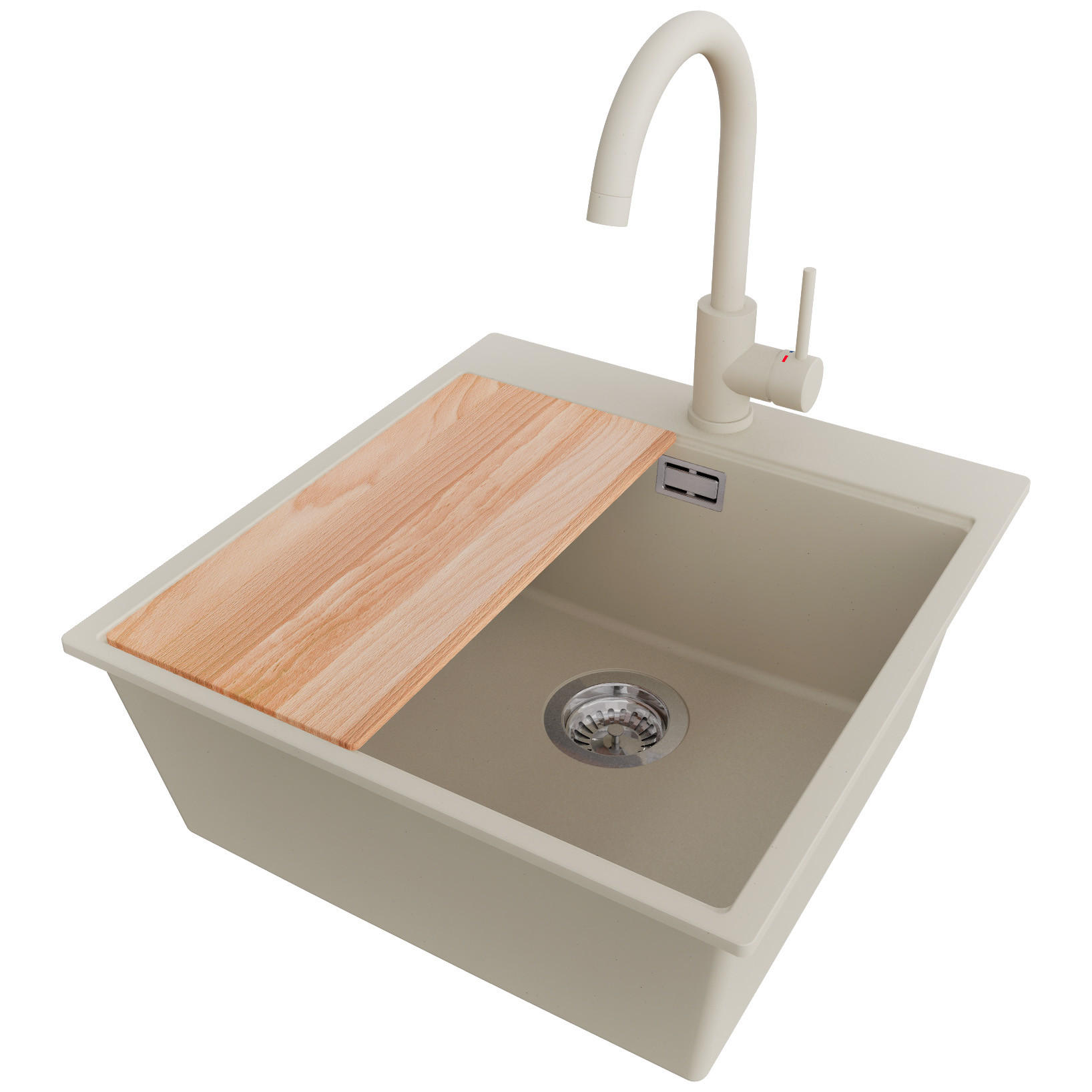 GRANITSPÜLE Oslo, 2-er set Beige 48/50 cm 1 Becken + Küchenarmatur 32/20 cm + Ablauf-Set + Schneidebrett ab 50er Unterschrank - Chromfarben/Beige, Kunststoff (48/20/50cm) - Primagran