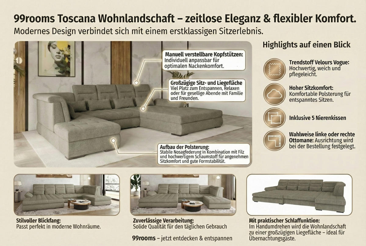 WOHNLANDSCHAFT Toscana Strukturstoff inkl. Schlaffunktion - Rostfarben, Textil (208/87/358cm) - 99rooms