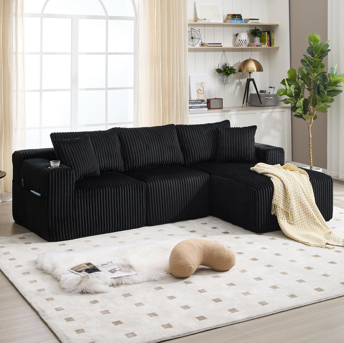MODULARES Sofa-Set Cord mit Chaiselongue und 2-Sitzer Taschen und Getränkehalter 257/90-160/62 cm Schwarz - Schwarz, Textil (160/257cm) - Redom