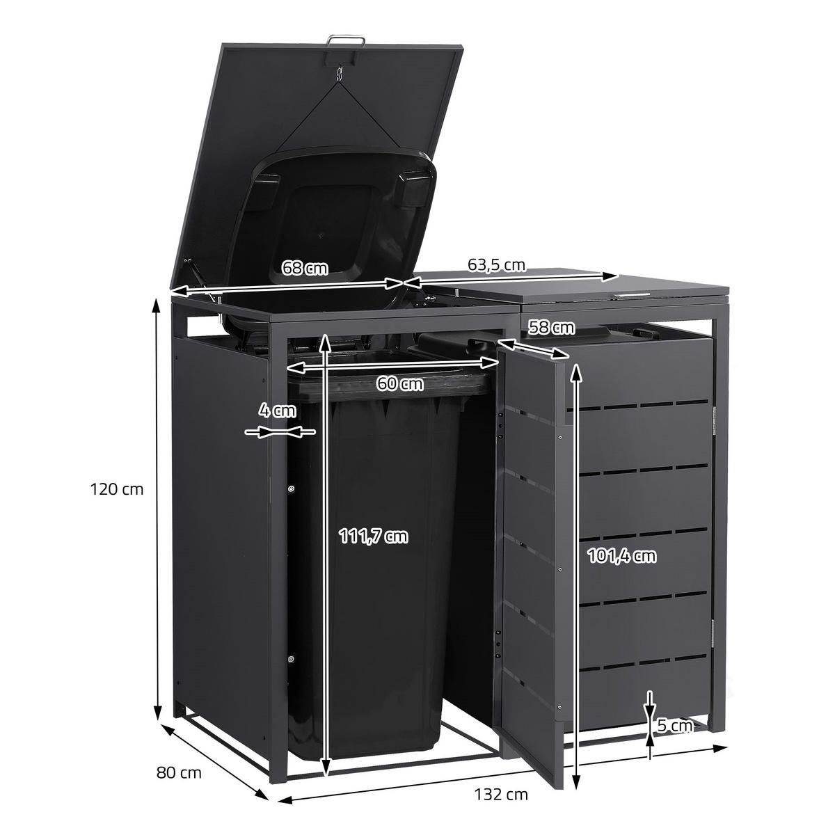 MÜLLTONNENBOX 2er 240L 132x80x120 cm Anthrazit aus Stahl wetterfest - Anthrazit, Metall (80/120/132cm) - ML-DESIGN