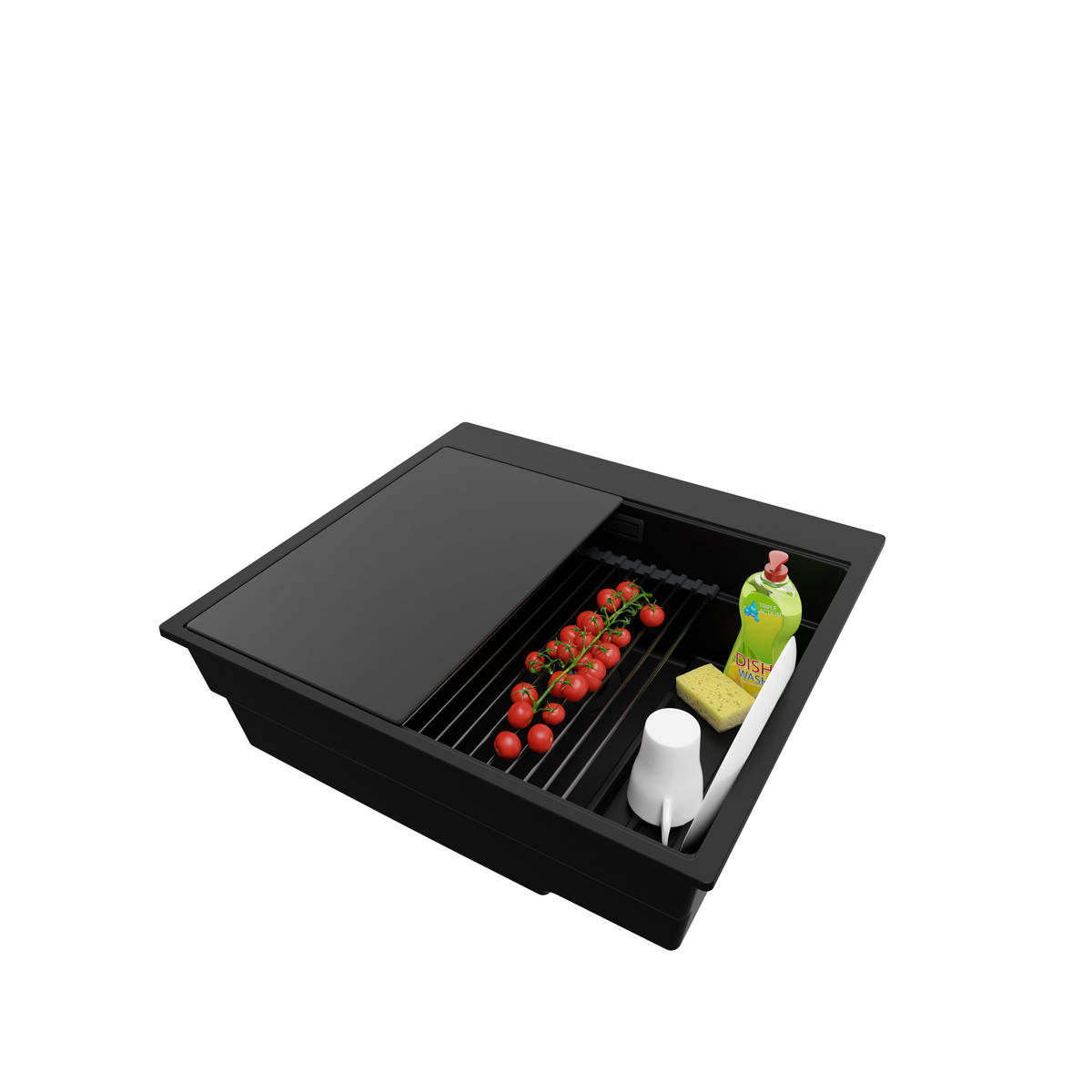 SPÜLBECKEN Oslo Max, 2-er set Alles Schwarz 58/53 cm 1 Becken + Ablauf-Set + Küchenzubehörset ab 60er Unterschrank - Schwarz, Kunststoff (58/20/53cm) - Primagran