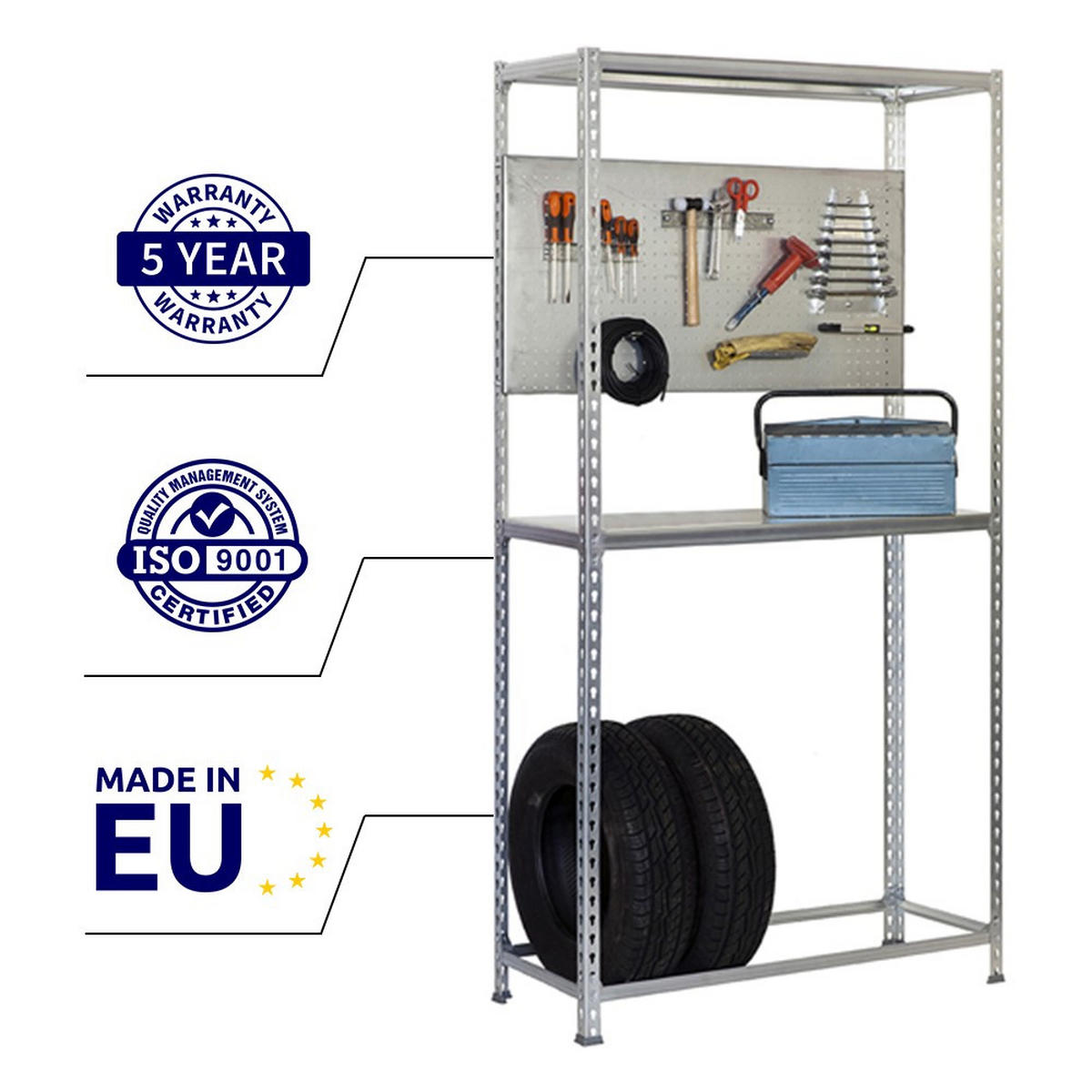 REIFENREGAL mit Arbeitsfläche Metal Shark NO.4 HxBxT 200 x 120 x 40 cm 6 Reifen Verzinkt - Silberfarben, Metall (120/200/40cm) - PROREGAL