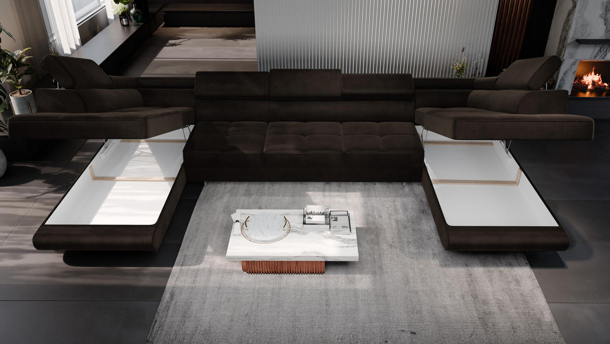 ECKSOFA U-Form WILD MAXI U2 mit Schlaffunktion 125x329 Velours Braun - Chromfarben/Braun, Holz/Textil (400/90/203cm) - Muffo