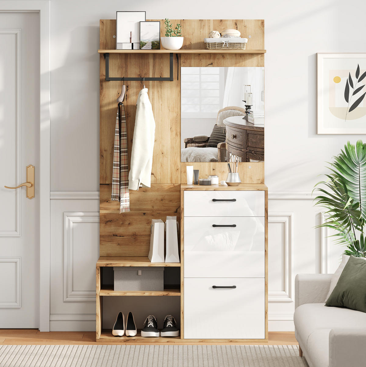 SCHUHSCHRANK aus Spanplatte 100x38,5x190cm in Natur mit Spiegel - Naturfarben, Holzwerkstoff (100/190/38.5cm) - Modfu