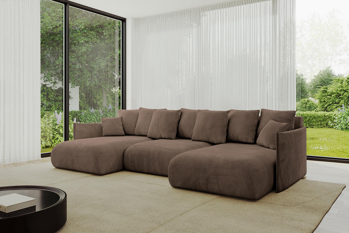 WOHNLANDSCHAFT mit Schlaffunktion und Bettkasten ONESK-U 317x177x72 Braun Velours - Braun, Holzwerkstoff/Kunststoff (317/72/177cm) - ALTDECOR