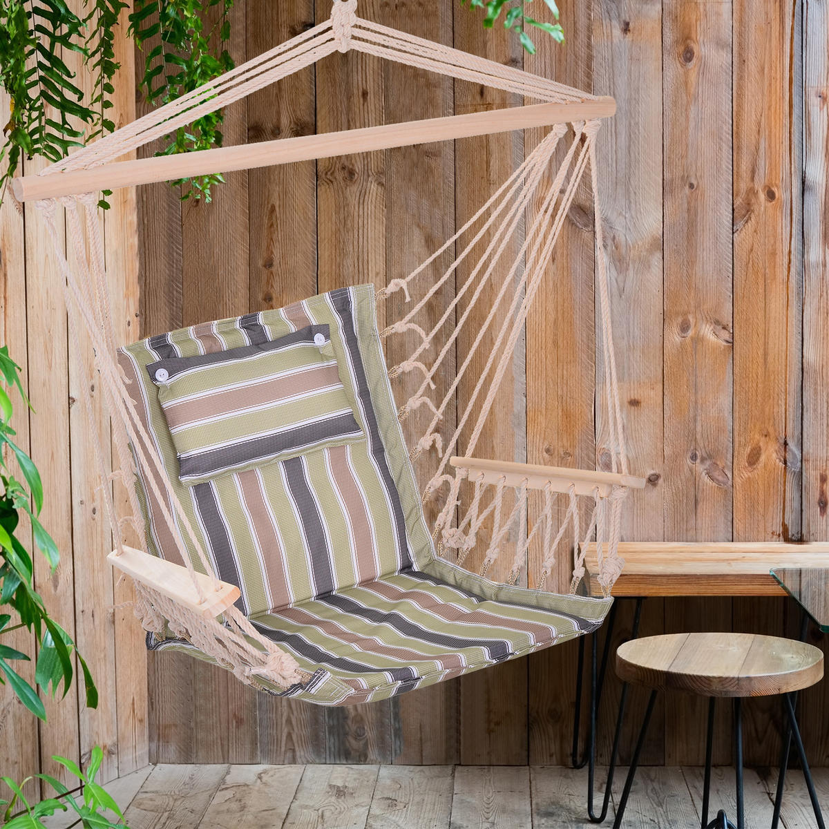 HÄNGESESSEL DE-15226 100/49/106 cm mit Macramé Mehrfarbig gestreift - Beige, Metall (49/106/100cm) - ComfortXL