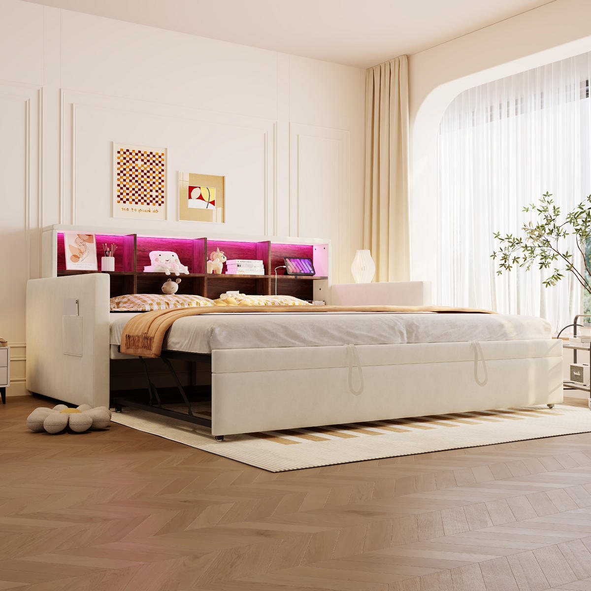 POLSTERBETT 90/190 cm Beige mit ausziehbarem Unterbett mit LED-Beleuchtung und Stauraum - Beige, Textil (90/190cm) - OKWISH