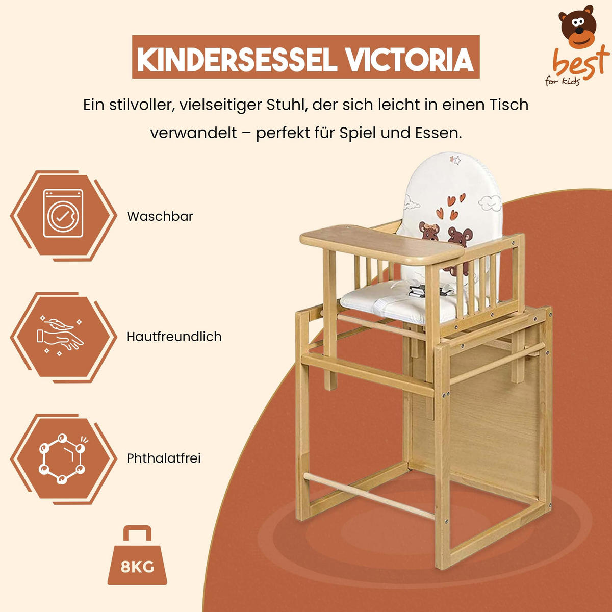 HOLZHOCHSTUHL für Kinder, Zum Tisch Und Stuhl Umbaubar, Ideal Als Esszimmerstuhl, Tragbar, Stabil Und Einfach Zusammenzubauen - Weiß, Textil (79/48/46cm) - Best for Kids