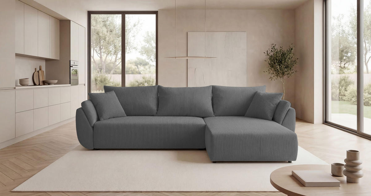 ECKSOFA SYDNEY rechts grau Cord Poso 55 - Schlaffunktion, Bettkasten - Grau, Textil (174/280cm) - Cornero