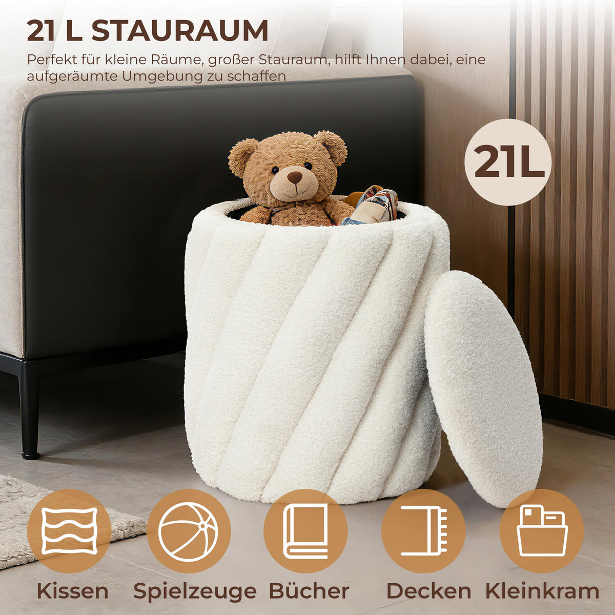 HOCKER mit Stauraum Rund Weiß - Weiß, Holzwerkstoff/Textil (40/45.5/40cm) - Hometopia