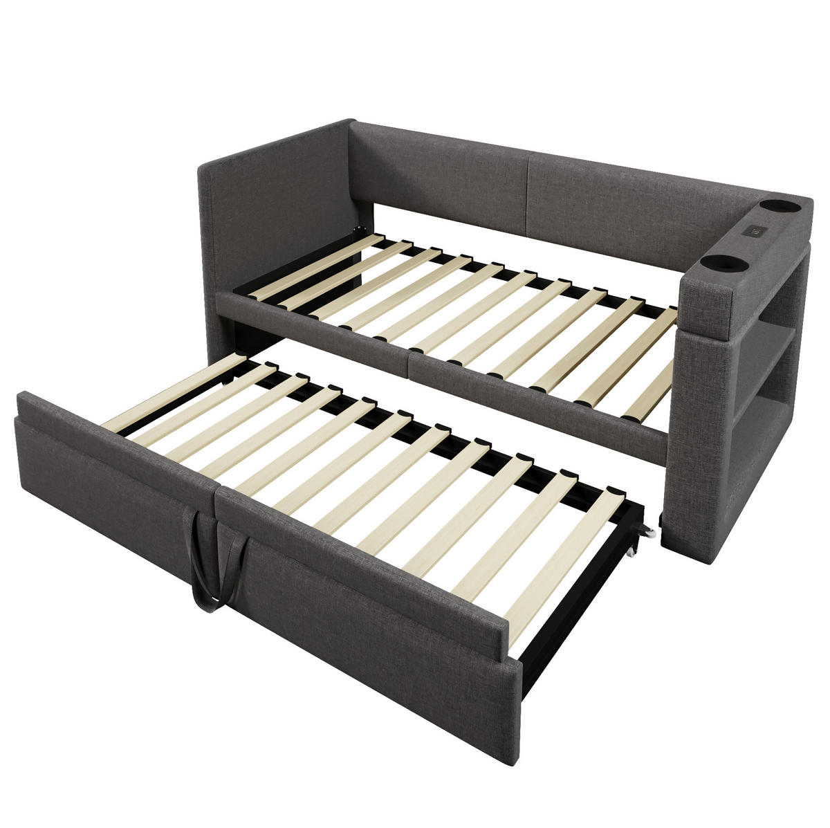 BETT 90/200 cm mit Ausziehbett und USB/Type-C in Grau - Grau, Textil (90/200cm) - BEAOK