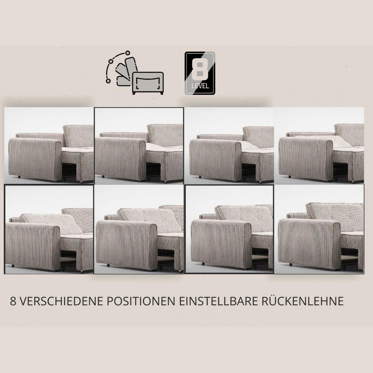 ECKSOFA mit Schlaffunktion 8 fach verstellbare Rückenlehne - Beige, Holz (137/190cm) - Gowoll