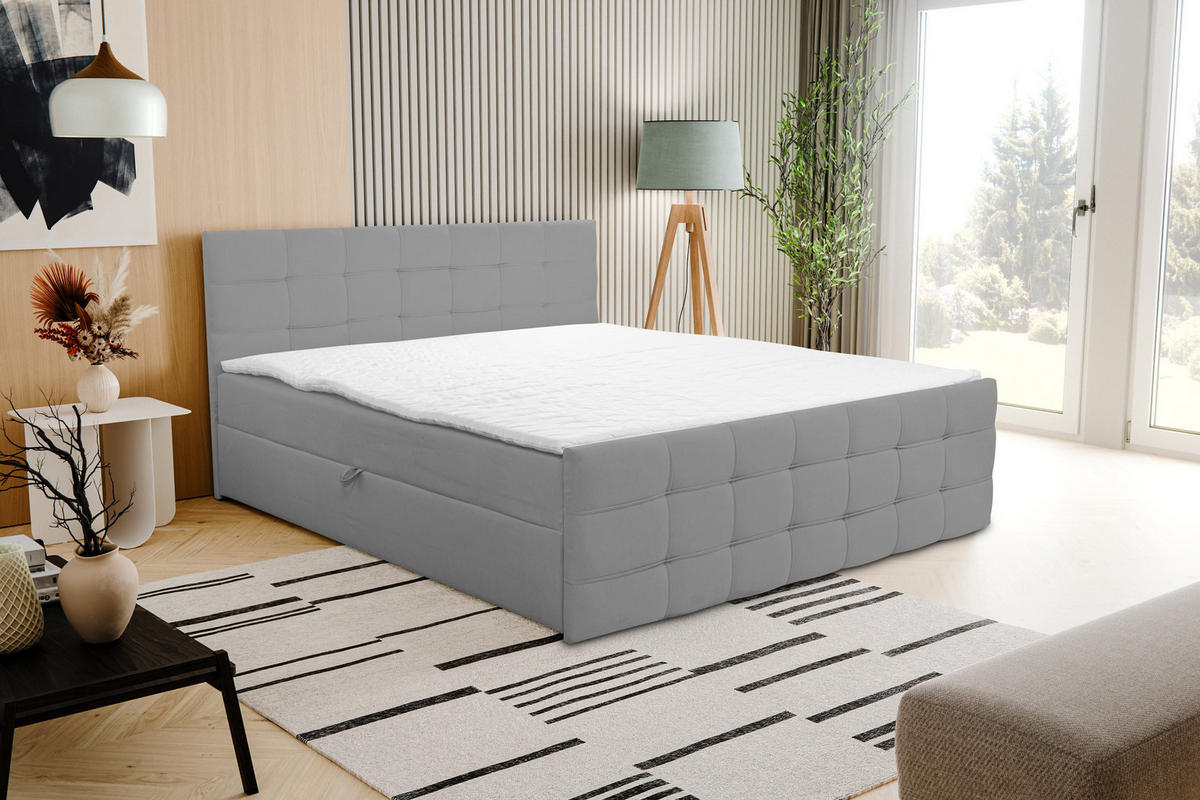 BOXBETT NATALIE mit 2 Bettkästen, 140x200, Farbe: Grau, Velourstoff, mit Bonell-Matratze inkl. Topper - Grau, Holz/Kunststoff (140/200cm) - VENASI MÖBEL