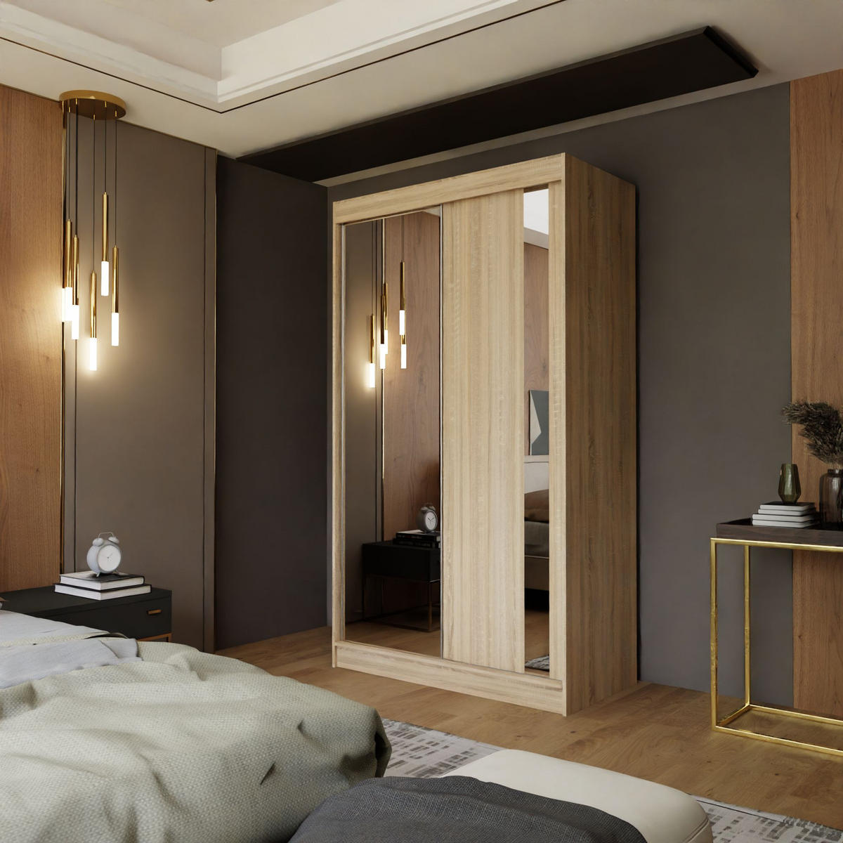 SCHWEBETÜRENSCHRANK GRAZIA 120/216/61 cm 2-türig mit Spiegel Sonoma Eiche - Sonoma Eiche, Holzwerkstoff (120/216/61cm) - MASSENO