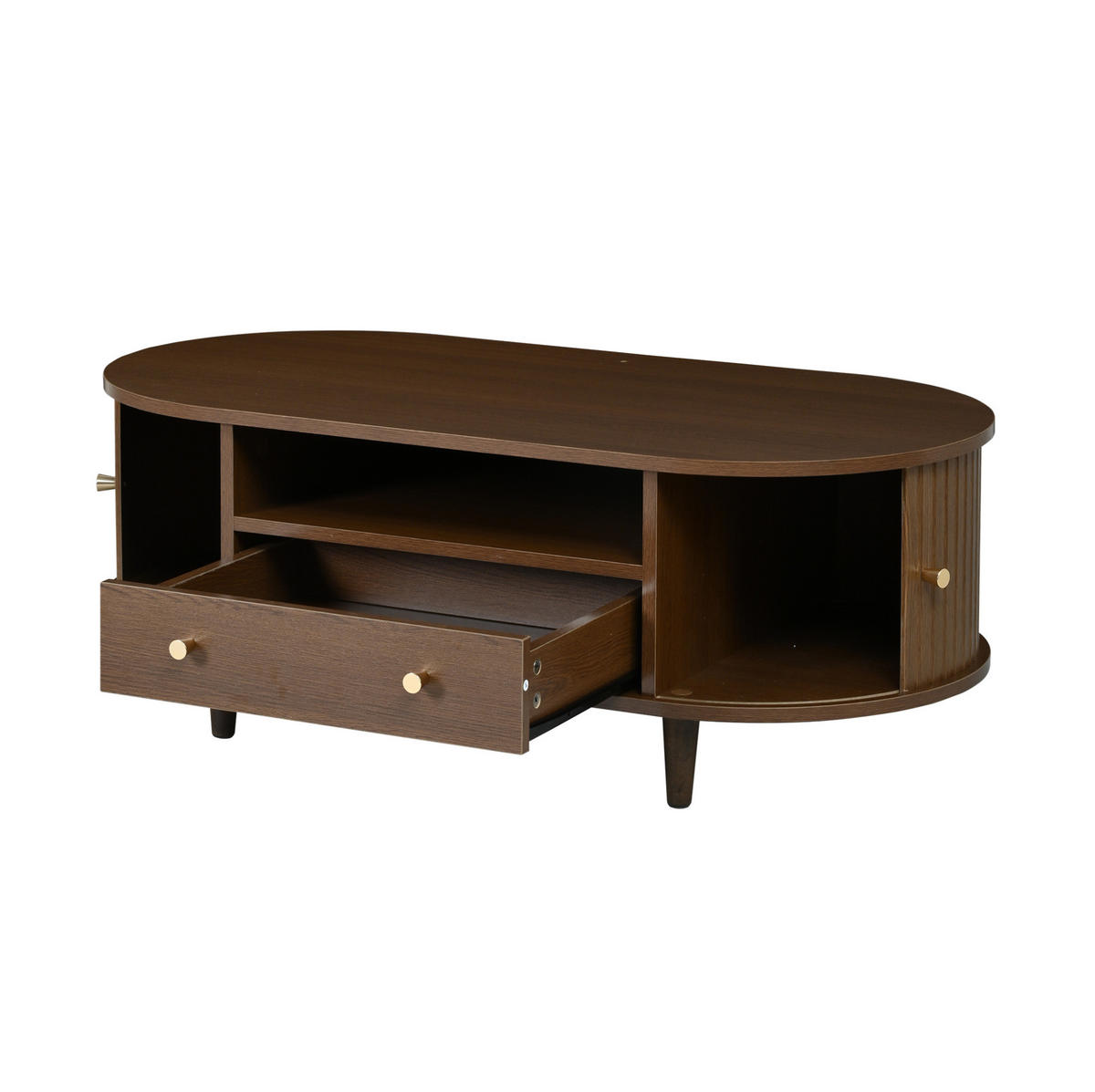COUCHTISCH oval 100 x 50 x 36 cm MDF Walnuss mit Schublade und Rolltür - Braun, Holz (100/50/36cm) - Meubliv