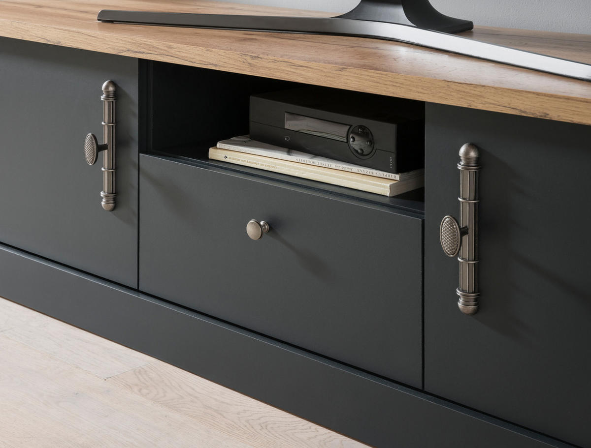 TV-LOWBOARD grau, Eiche Wotan, Landhaus 158 cm, TV Unterteil mit Soft-Close - Silberfarben/Eiche Wotan, Holzwerkstoff/Kunststoff (158/51/45cm) - Furn.Design