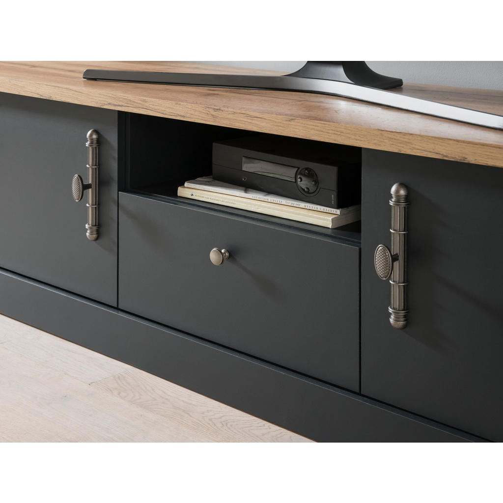 Thumbnail - Furn.Design Tv-Lowboard, Grau, Eiche Wotan, Metall, Nachbildung,Eiche, Uni, Holz Optik, 1 Schubladen, Sockel, 158x51x45 ...