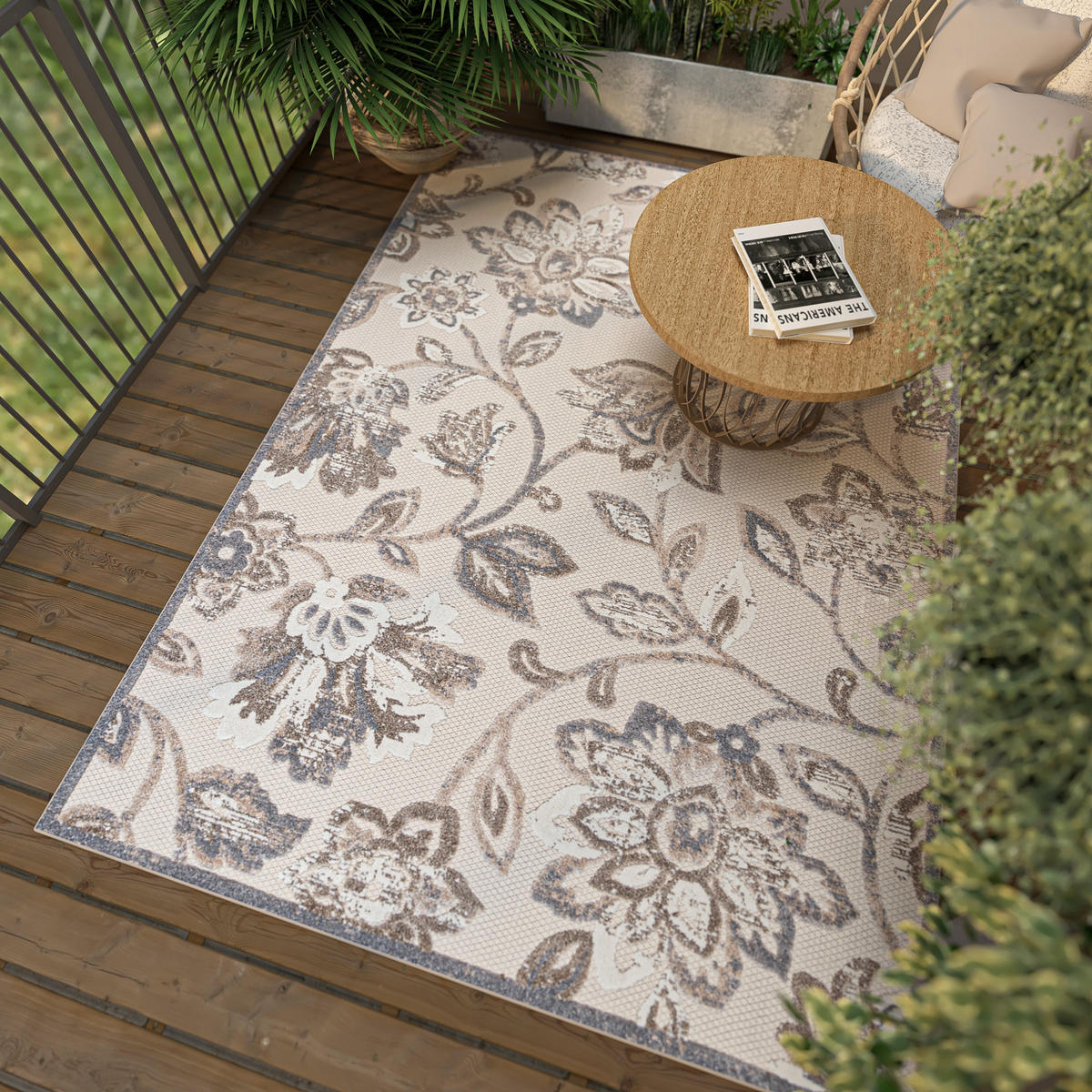 TEPPICH Outdoor Beige Bunte Pflanzlich Kurzflor Rechteckig - 140x200 cm - Naturfarben, Textil (140/200cm) - Mazovia