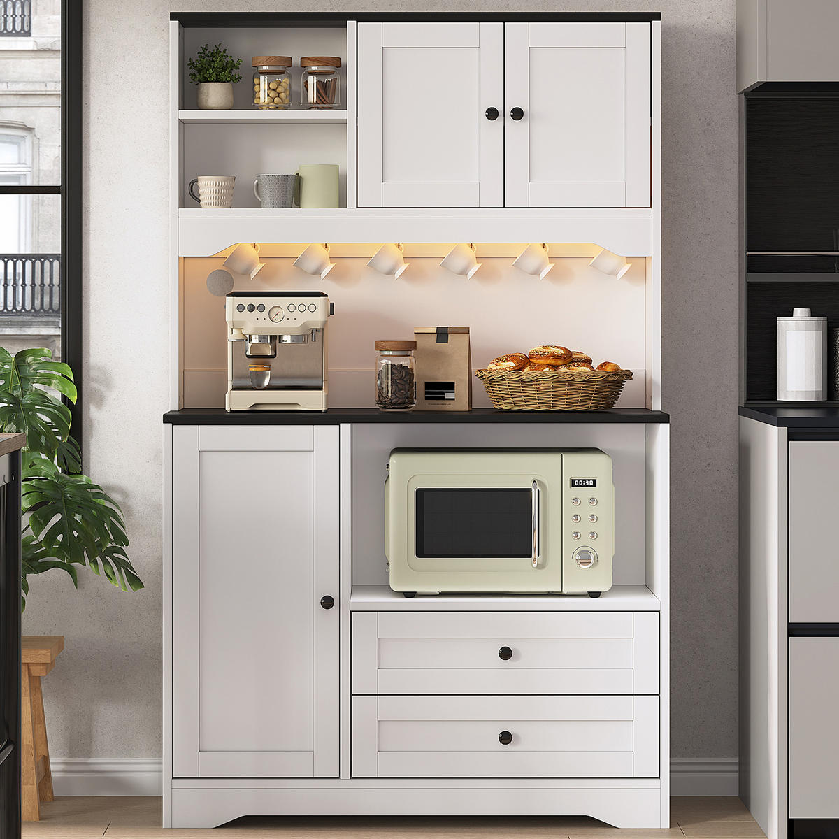 BUFFET DE-38741 100/40/163 cm LED-Beleuchtung und Mikrowellenfach Weiß - Weiß, Holzwerkstoff (100/163/40cm) - ComfortXL