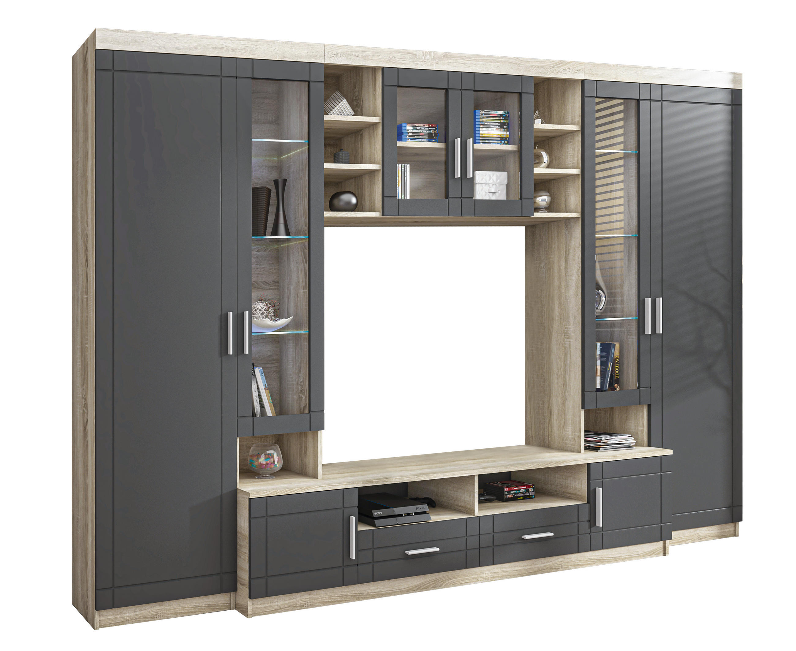 WOHNWAND Parisca Sonoma Eiche, Graphit 340/198/44 cm mit viel Stauraum - Beige/Grau, Holzwerkstoff/Kunststoff (340/198/44cm) - AX Living