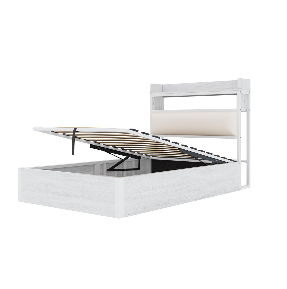 POLSTERBETT aus Metall, MDF und Stoff 90x200 cm Weiß mit USB-Anschluss, hydraulischem Bettkasten und Kopfteilablage - Weiß, Metall (90/200cm) - Modfu
