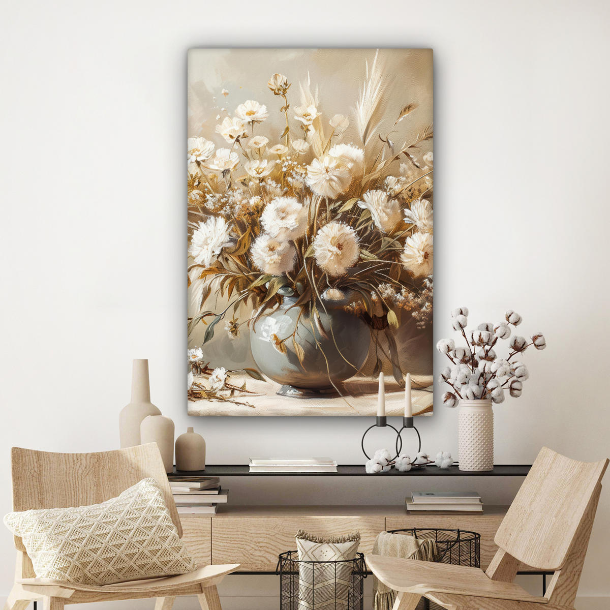 LEINWANDBILD Blumen - Vase - Stilleben - Beige Deko Groß 90x140 cm - Creme, Textil (90/140cm) - MuchoWow
