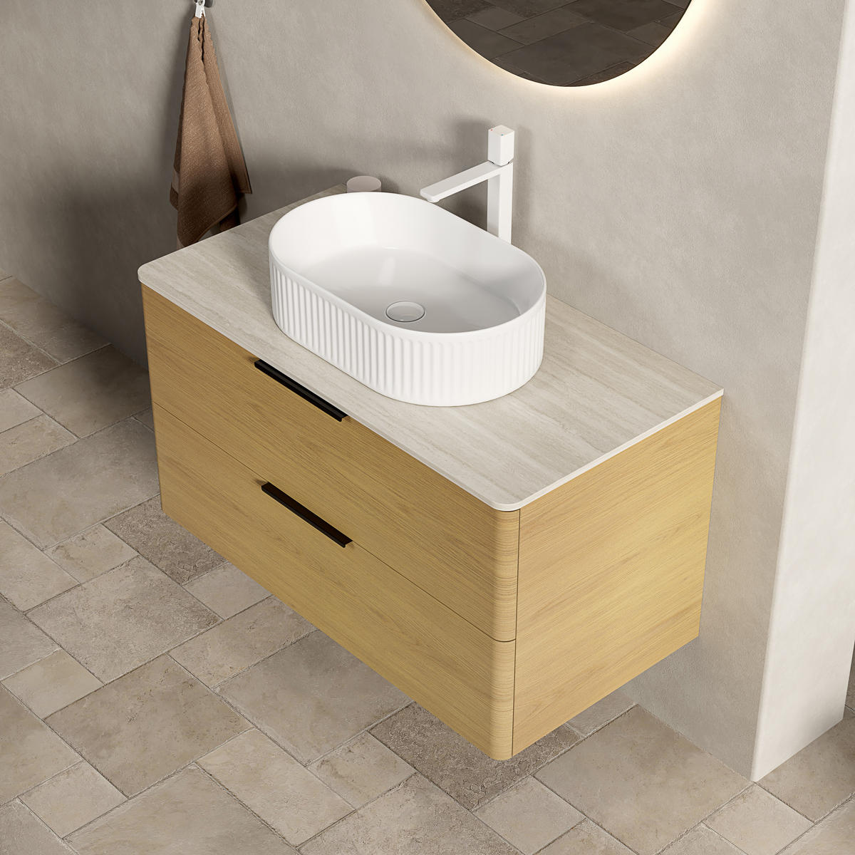 WASCHTISCHKOMBI 90x46x62.2cm Beige/Eiche/Weiß mit ovalem Keramikbecken & Travertin-Arbeitsplatte - Eichefarben, Keramik (90/62.2/46cm) - Modfu