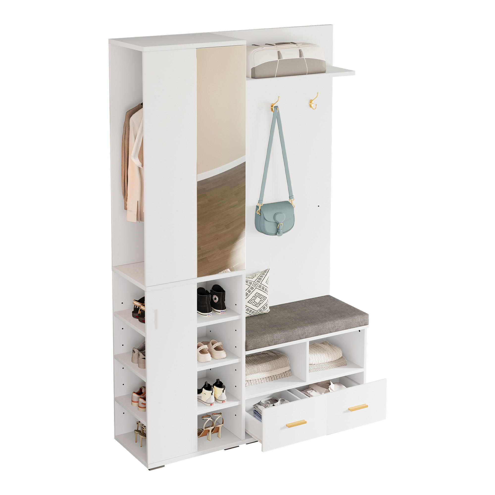 GARDEROBE Garderobenmöbel Flur Sitzbank Spiegel Kleiderstange Haken Schubladen Regal 120 cm All-in-One modern - Weiß, Holzwerkstoff (120/190/35cm) - EVRYAE