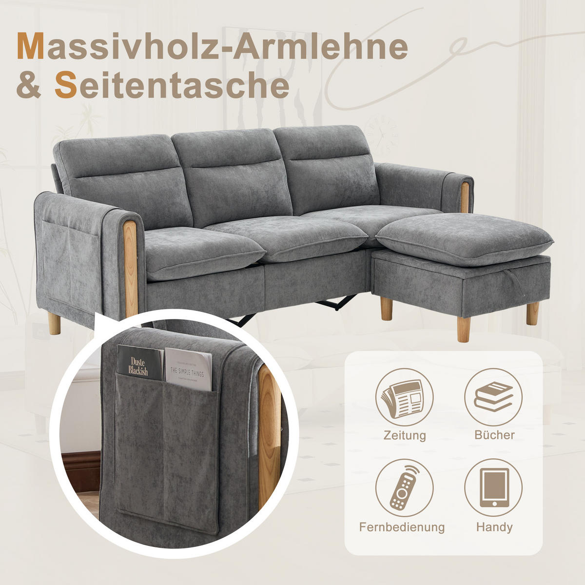 ECKSOFA 201/110/86 cm Hellgrau mit Aufbewahrungshocker und Seitentaschen - Hellgrau/Grau, Holz/Textil (201/110cm) - Oxeza