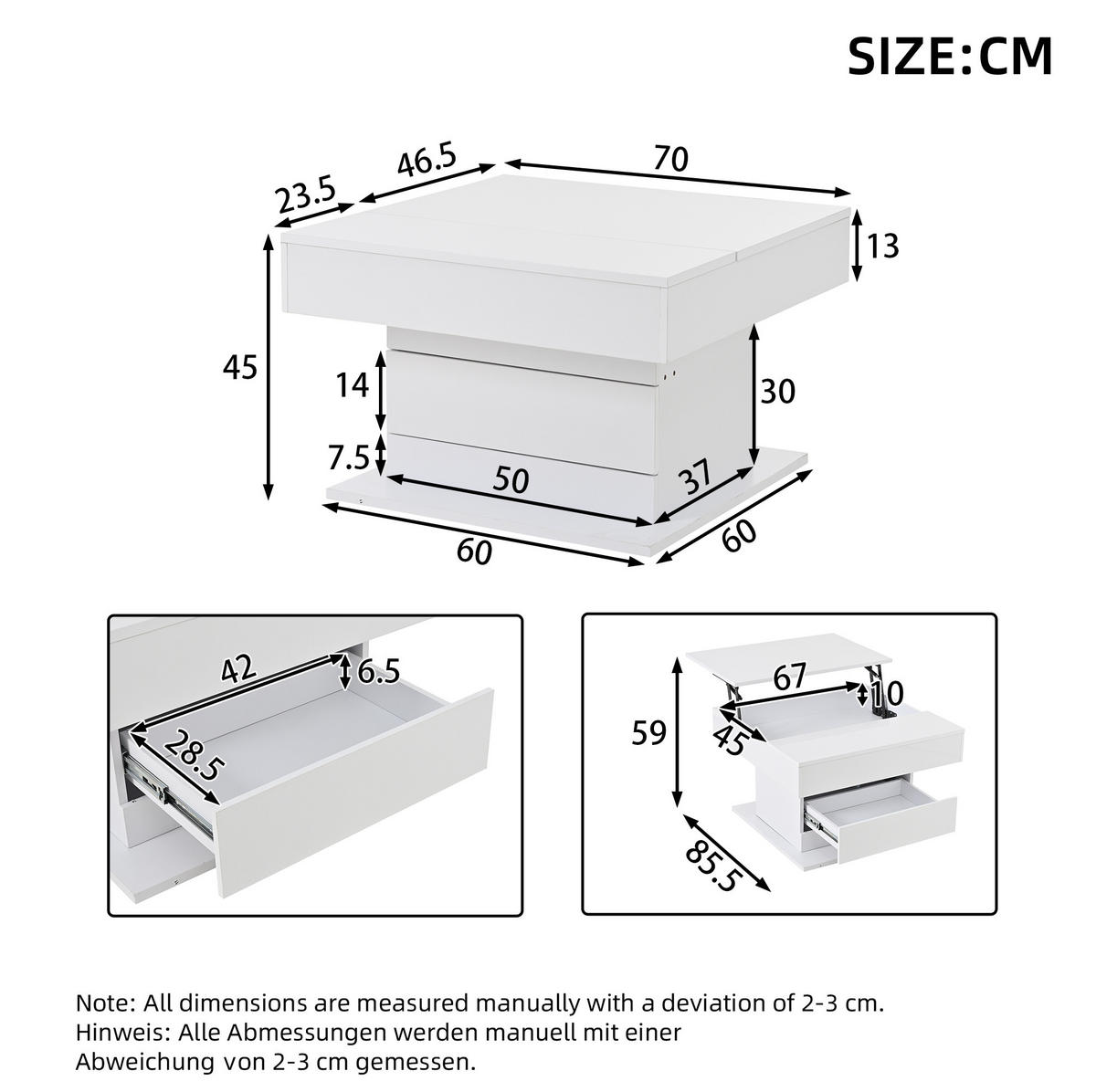 KONFERENČNÍ stolek 70/70/45 cm bílý z dřevotřísky s otočnou a výklopnou deskou - bílá, kompozitní dřevo (70/70/45cm) - OKWISH