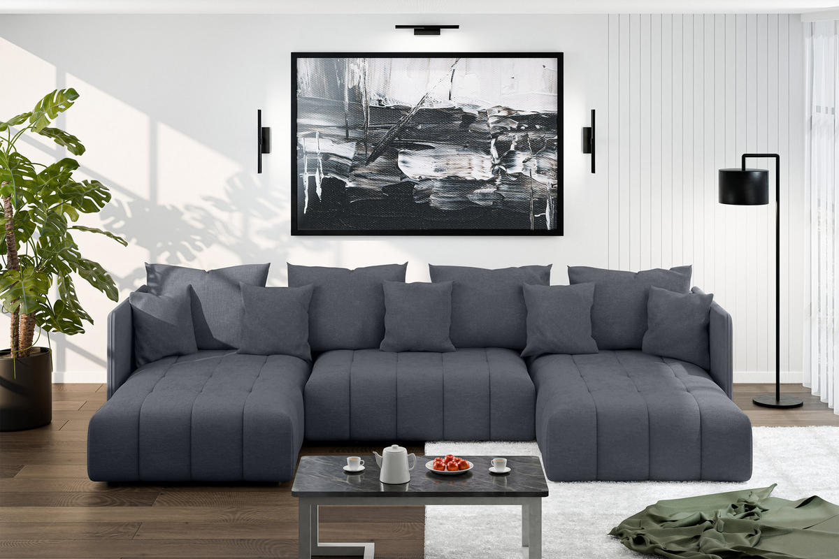 WOHNLANDSCHAFT Veliro U Grau 353/180/83 cm mit Schlaffunktion und Bettkasten - Dunkelgrau/Schwarz, Kunststoff/Textil (353/83/180cm) - AX Living