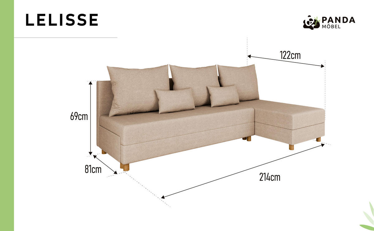 ECKSOFA Lellice L-Form- links oder rechts montierbar, beige - Beige, Holz (214/122cm) - Panda Möbel