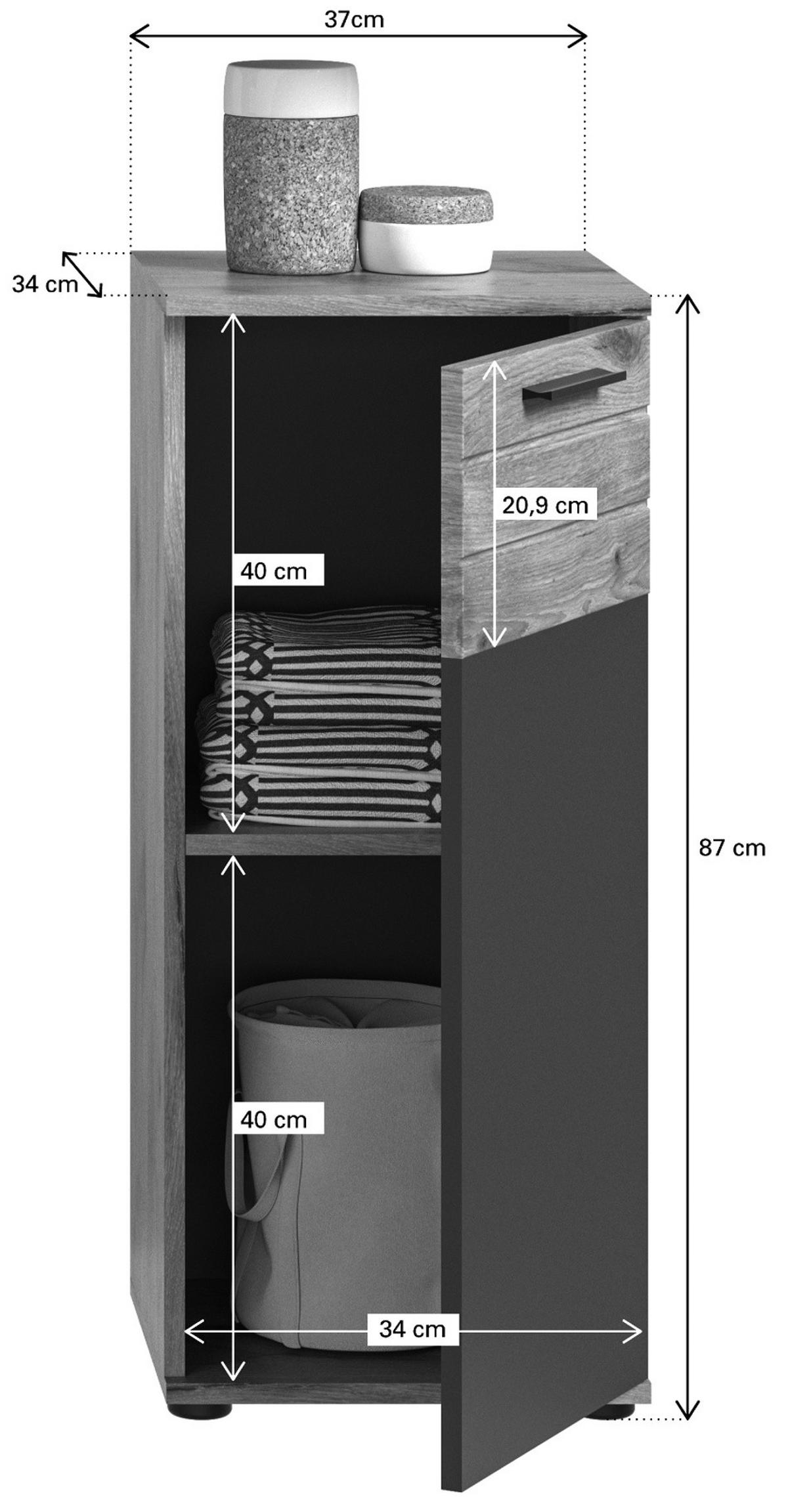 UNTERSCHRANK Eiche grau 37 x 87 cm, Kommode mit Soft-Close, Badmöbel - Eichefarben/Schwarz, Holzwerkstoff/Kunststoff (37/87/34cm) - Inn.Furn