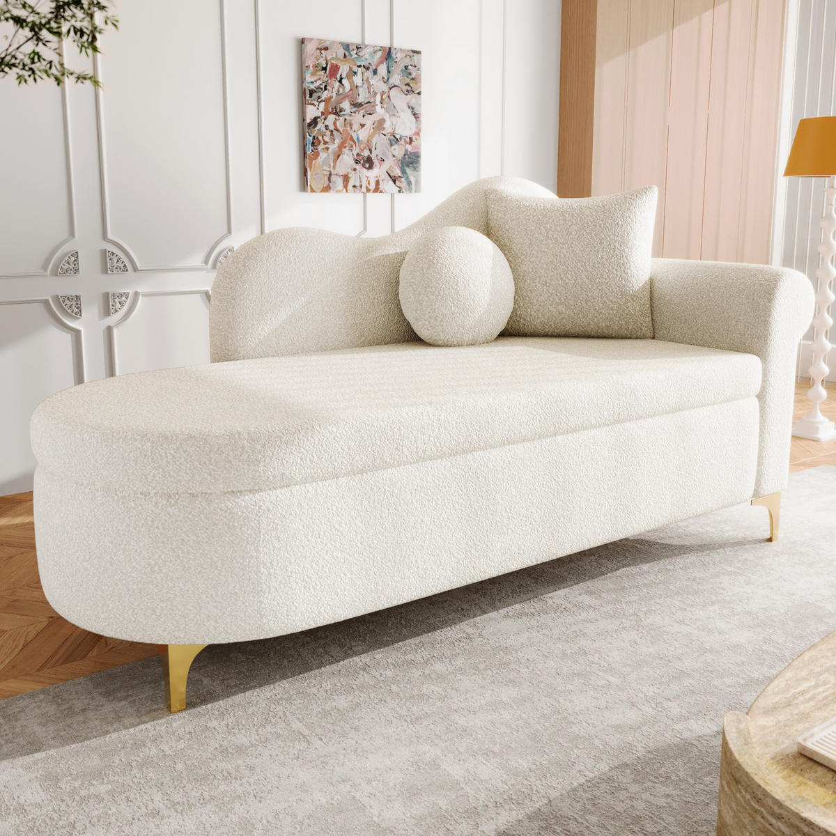 CHAISELONGUE mit Stauraum 134 cm, Teddyplüsch Stoff, modernes Design, ergonomische Rückenlehne, inkl. Lenden- & Nackenkissen - Beige, Textil (64/70/134cm) - Ej. Life