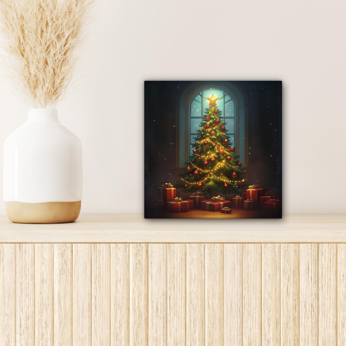 LEINWANDBILD Weihnachtsbaum - Geschenk - Winter Deko Wohnzimmer 20x20 cm - Grün, Textil (20/20cm) - MuchoWow