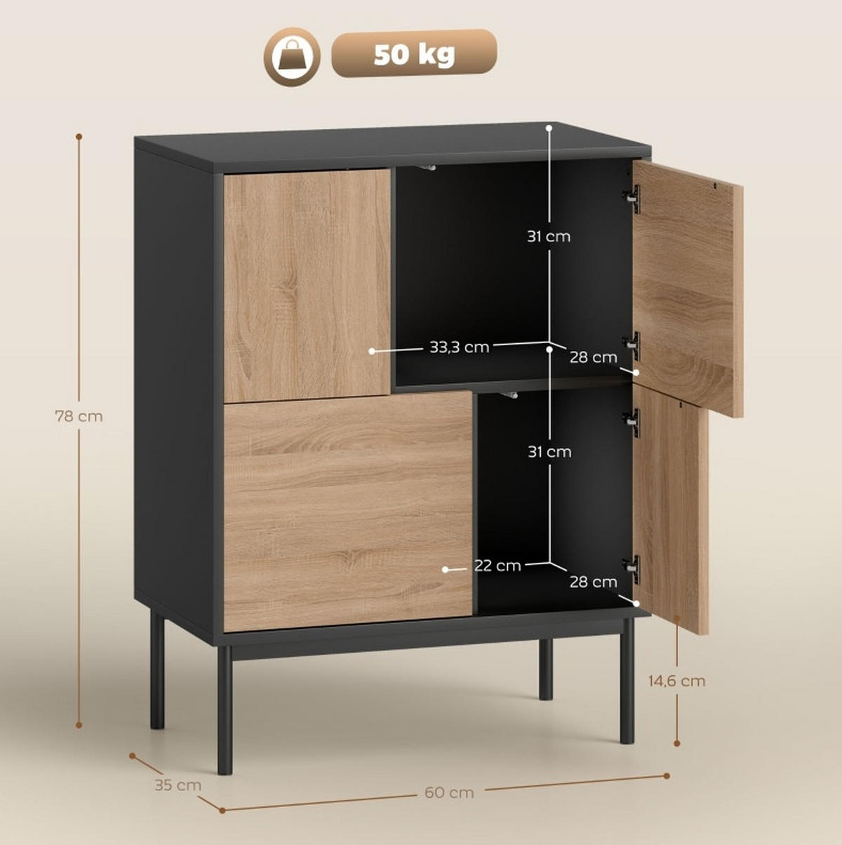 SIDEBOARD mit Push-to-open-Funktion, 4 geschlossenen Fächern und Metallbeinen aus MDF-Holzwerkstoff, Schwarz/Naturholzoptik - Schwarz, Holz (60/78/35cm) - Redom