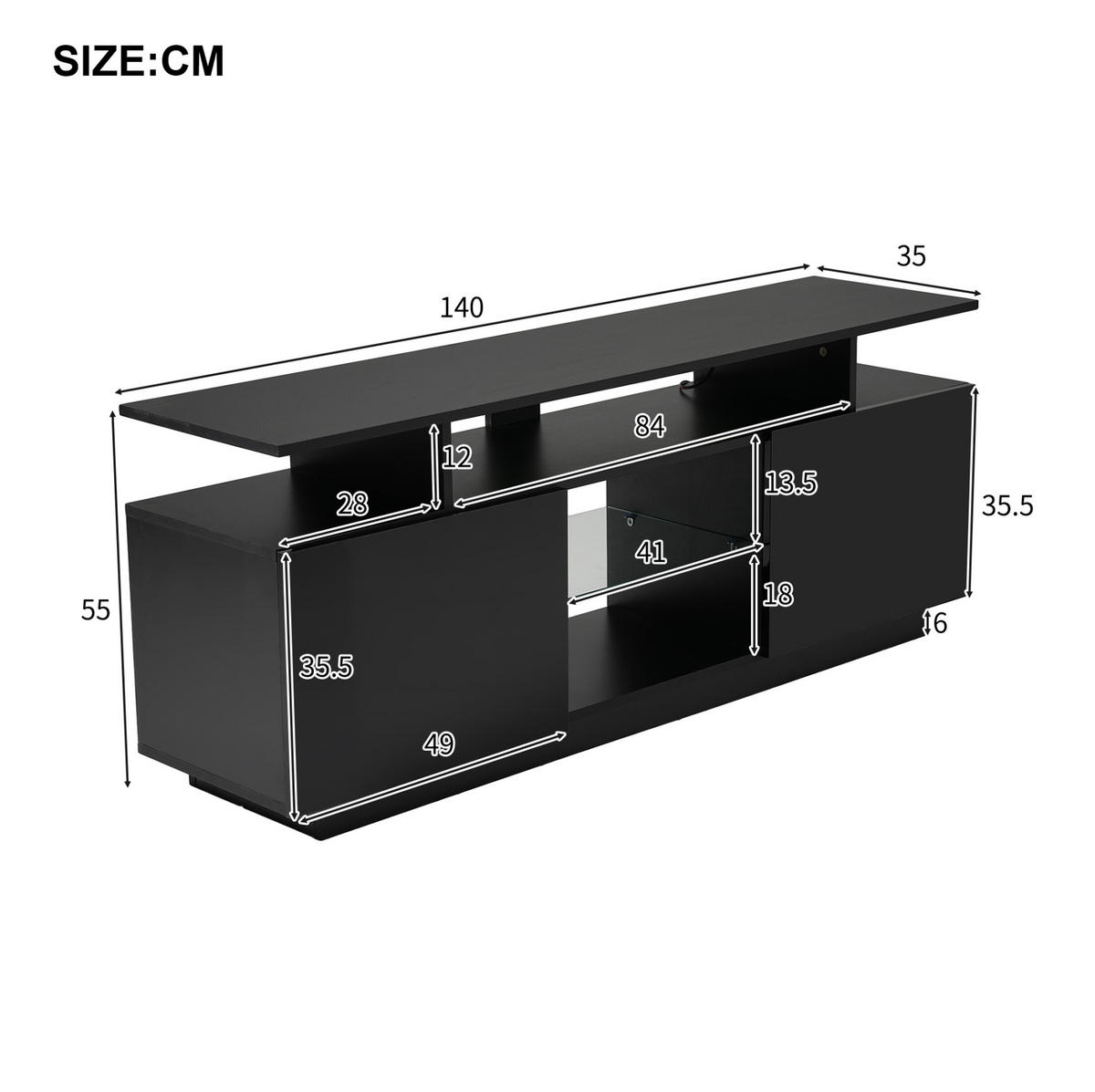TV-LOWBOARD 140/35/55 cm mit LED-Beleuchtung und 2 Türen in Schwarz - Schwarz, Holzwerkstoff (140/55/35cm) - BEAOK