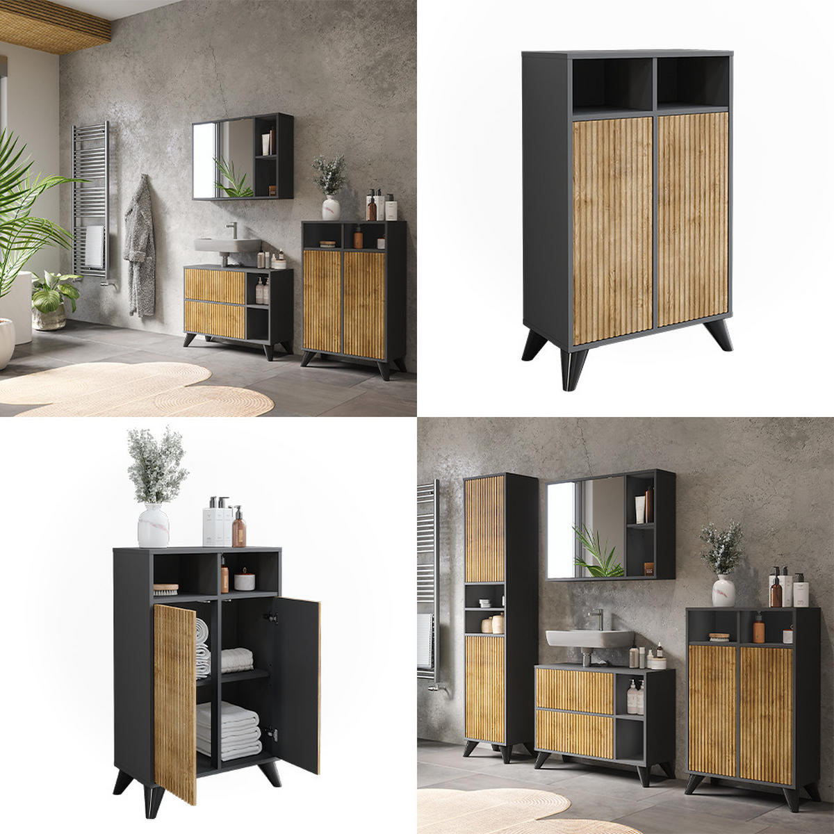 MIDISCHRANK Leano Anthrazit/Bergeiche 60 x 97 cm mit 2 Türen - Anthrazit, Holzwerkstoff (60/97/30cm) - Vicco
