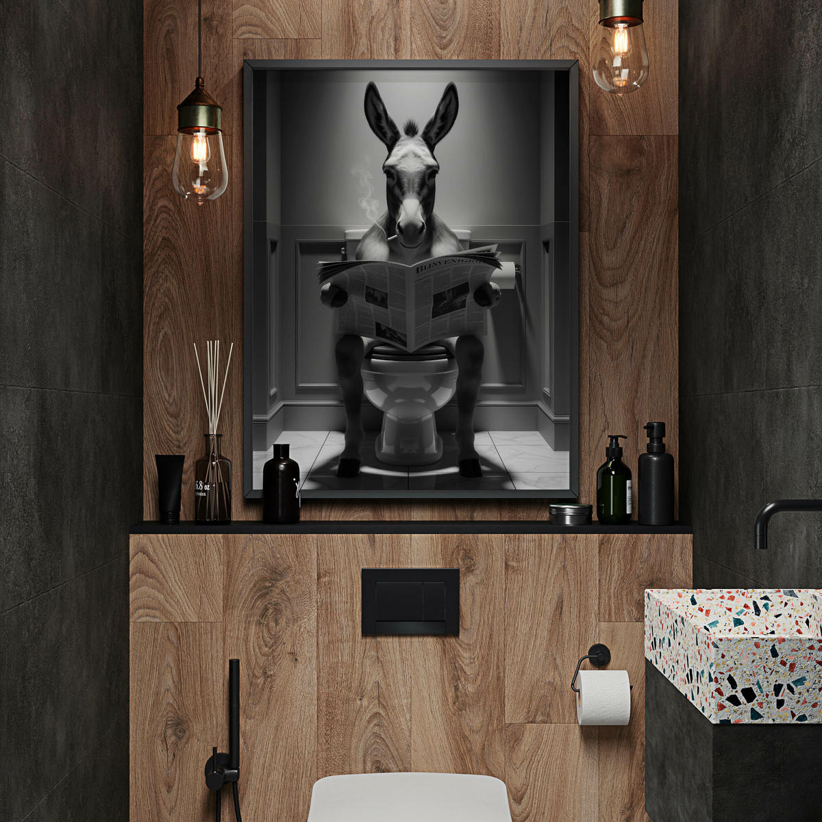 POSTER für Badezimmer WC ESEL mit Zeitung auf Toilette Abstraktion 20x30cm - Schwarz/Weiß, Papier (20/30/1cm) - Muralo