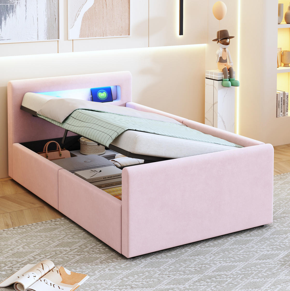 KINDEREINZELBETTEN aus Samtstoff 90x200 cm in Rosa mit LED, USB & Stauraum - Rosa, Textil (90/200cm) - Modfu