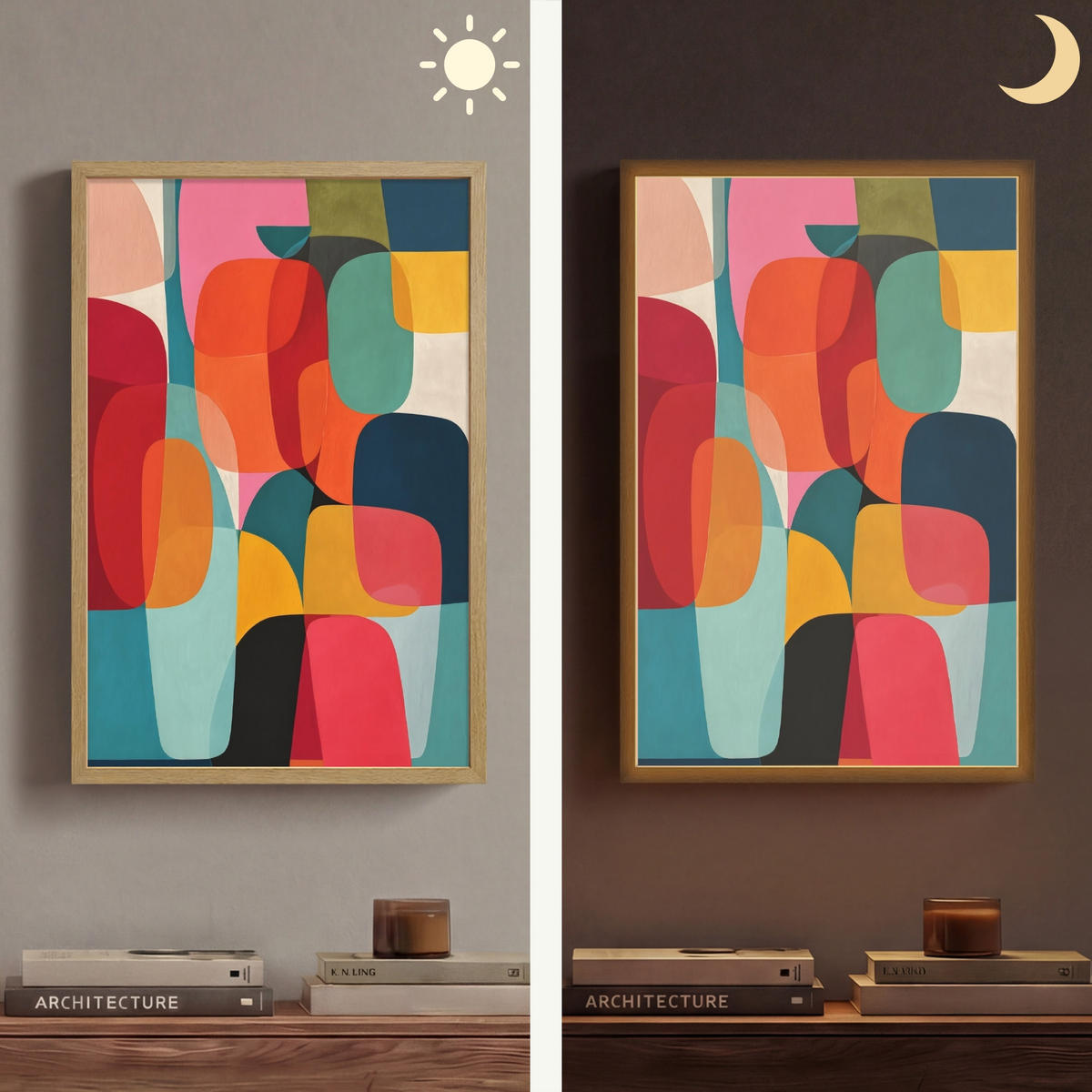 NÁSTĚNNÁ LAMPA S AKUMULÁTOREM Tvary - barevné - abstraktní - letadla 40x60 cm - různobarevná, kompozitní dřevo (40/60/8cm) - OnlyWow