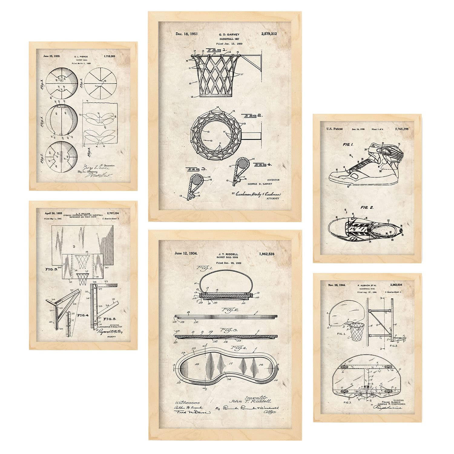 POSTER Set Mit 6 Plakaten Mit Basketball Patenten Im Vintage Stil A3 & A4 Rahmen Aus Hellem Holz - Beige, Papier (29/3cm) - Nacnic