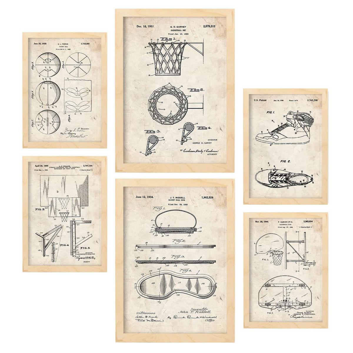 POSTER Set Mit 6 Plakaten Mit Basketball Patenten Im Vintage Stil A3 & A4 Rahmen Aus Hellem Holz - Beige, Papier (29/3cm) - Nacnic