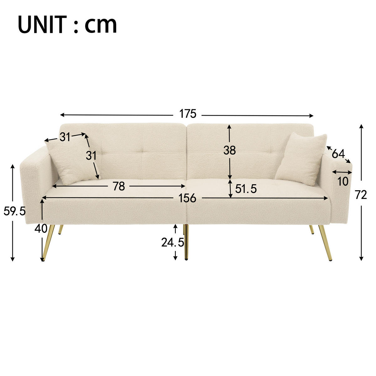 SCHLAFSOFA Lammwollstoff mit verstellbarer Rückenlehne und Seitentaschen Beige 175/64/72 cm - Beige, Textil (64/72/175cm) - Redom