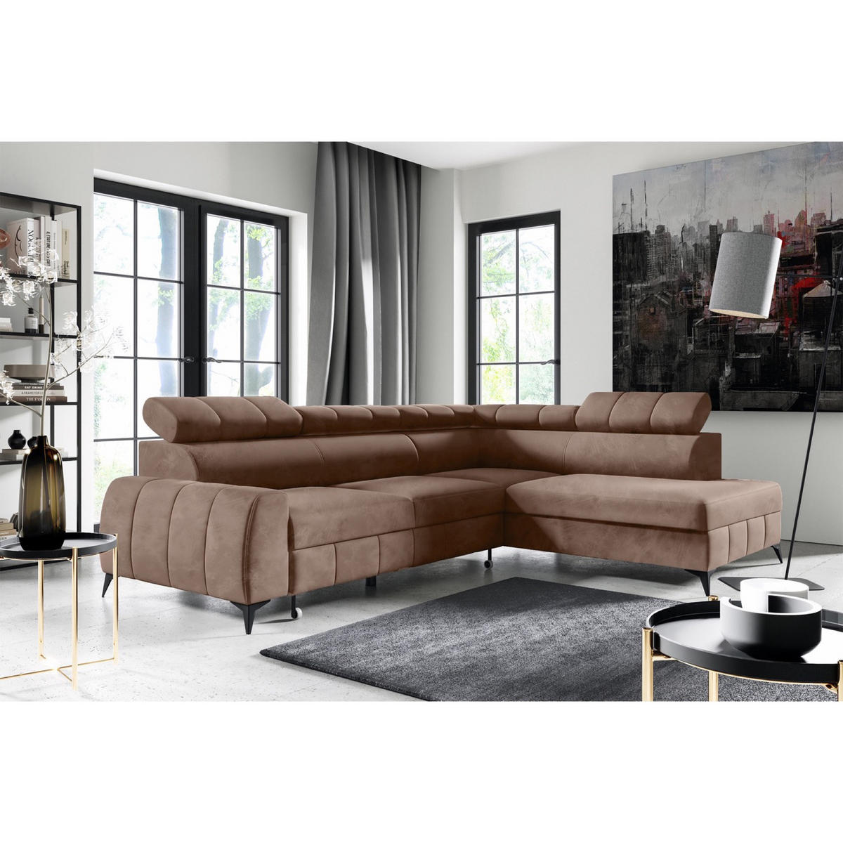 ECKSOFA London Hellbraun Velours - Hellbraun/Schwarz, Textil/Metall (274/203cm) - Selsey