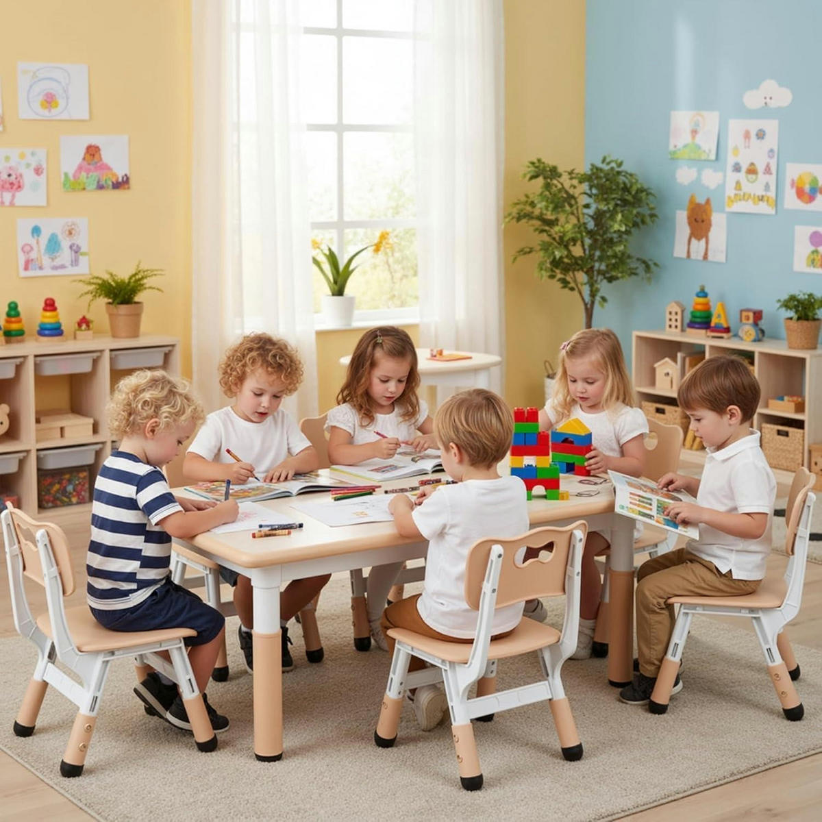 KINDERTISCH- und Stuhl-Set 7-teilig höhenverstellbar Gelb - Multicolor, Kunststoff (60/60/120cm)