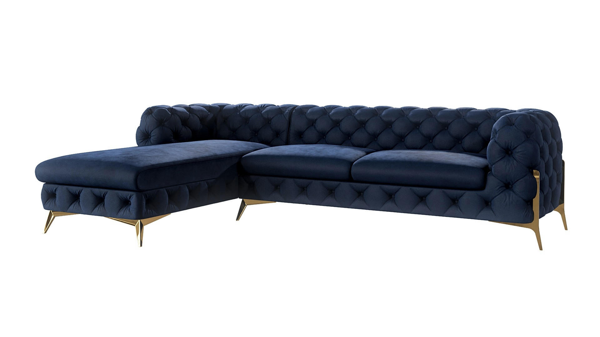 S-Style CHESTERFIELD ROHOVÁ SEDAČKA Lexi z marineblau sametu se zlatými nohami - otomán vlevo