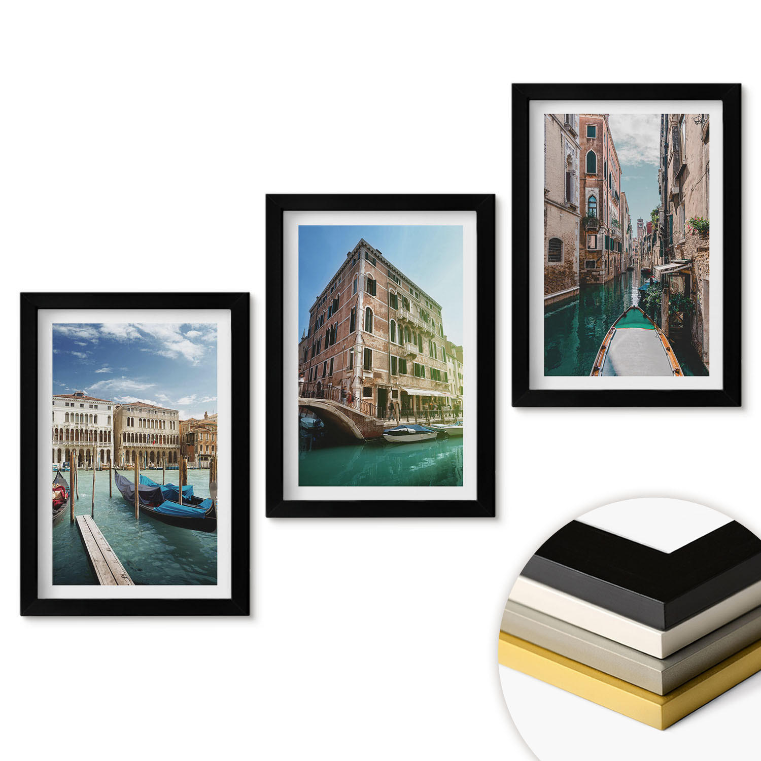 WANDBILDER 3er-Set - 20x30 cm Schwarzer Rahmen - Architektur der Kanäle von Venedig - Schwarz, Kunststoff (20/30cm) - ArtPrintCave