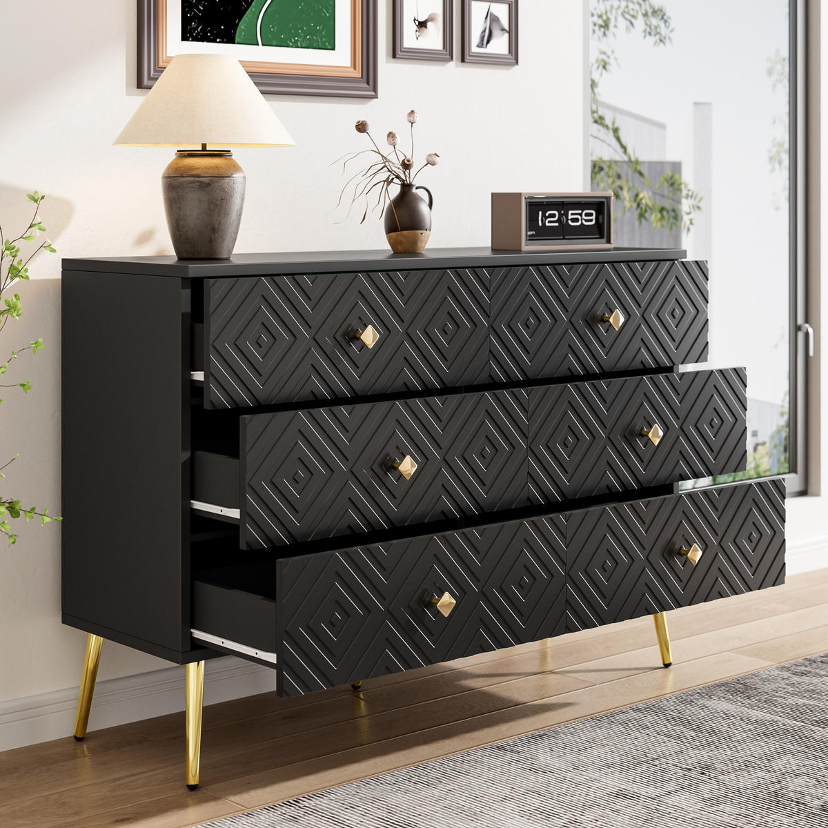 SIDEBOARD mit 6 Schubladen und geometrischem Muster Schwarz - Schwarz, Holzwerkstoff (40/80/120cm) - Urban Meuble